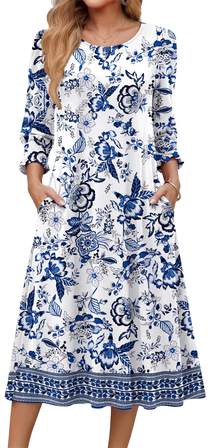 Horizon Picks Women's Smocked Bodice 3/4 Sleeve Floral Midi Dress with Ruffle Cuffs and Pockets