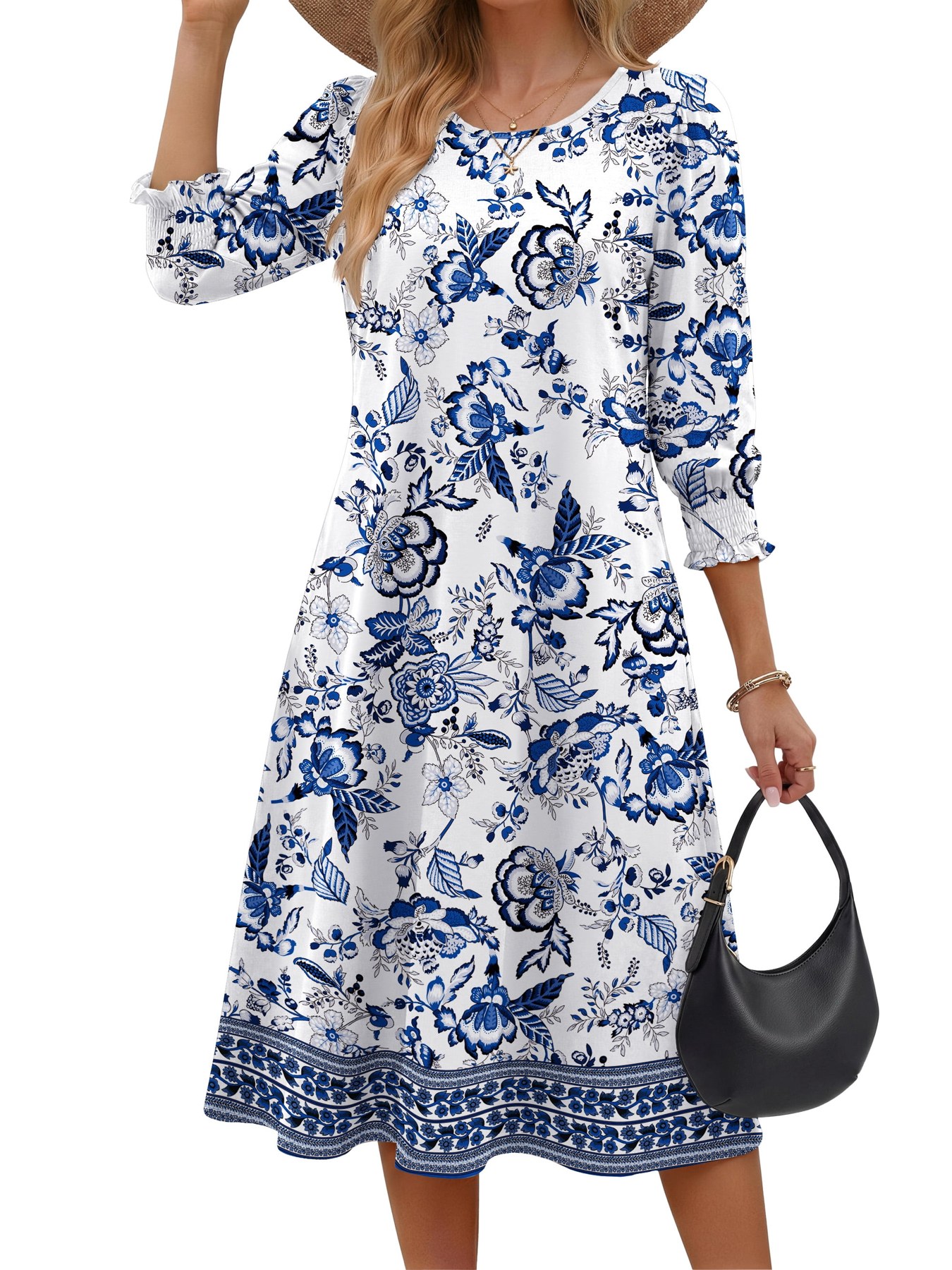 Alternative view of Horizon Picks Women's Smocked Bodice 3/4 Sleeve Floral Midi Dress with Ruffle Cuffs and Pockets
