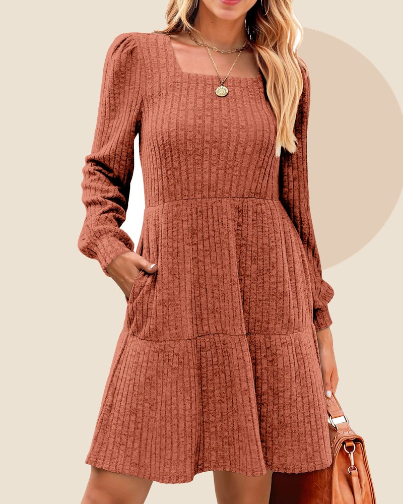 Rust ribbed knit babydoll dress with long sleeves