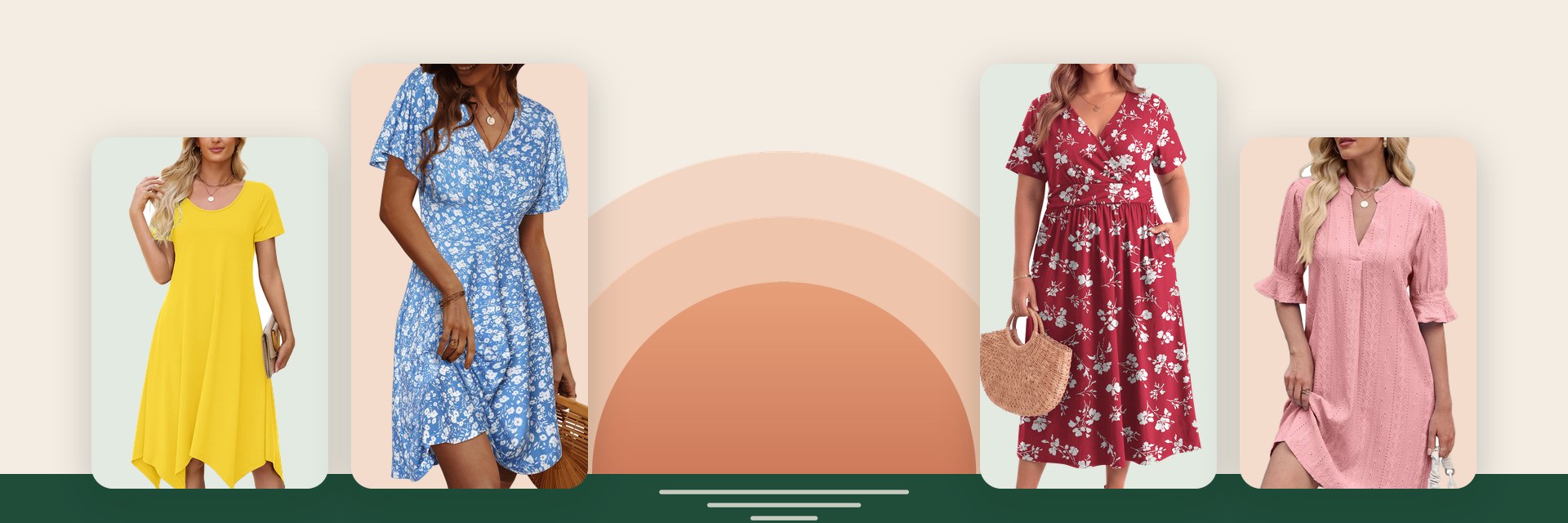 Yellow swing T-shirt dress, blue floral wrap midi dress, red floral plus-size maxi dress and pink V-neck T-shirt dress around a rising sun