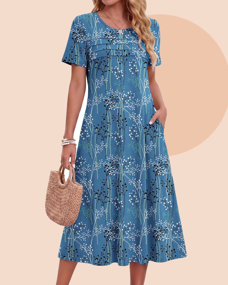 Blue printed smocked midi dress with side pockets